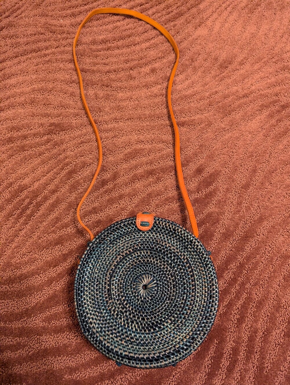Round Woven Crossbody Bag in Green with Orange Strap EUC